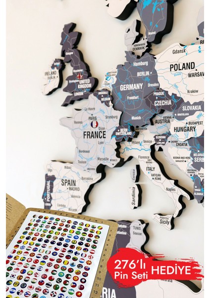 Renkli Tasarım 3D Ahşap Dünya Haritası - Ahşap Dünya Haritası