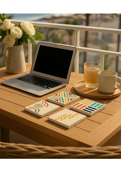 Modern Geometrik Desenli Renkli Doğal Taş Bardak Altlığı 4’lü Set, Şık Masa Sunum Ürünü