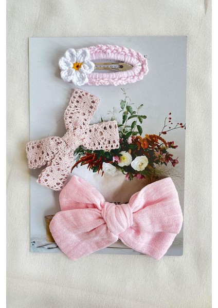 Pembe Örgü Çiçek 3'lü Toka Set