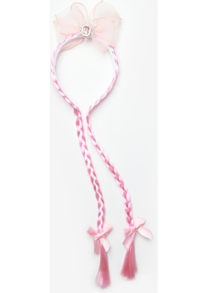 Pembe Fiyonklu Örgülü Saçlı Kız Çocuk Taç