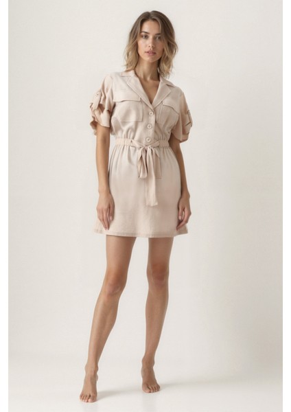 Beli Bağlamalı Kapak Cepli Kısa Kol Krinkıl Kumaş Elbise