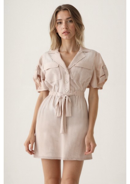 Beli Bağlamalı Kapak Cepli Kısa Kol Krinkıl Kumaş Elbise fiyatları