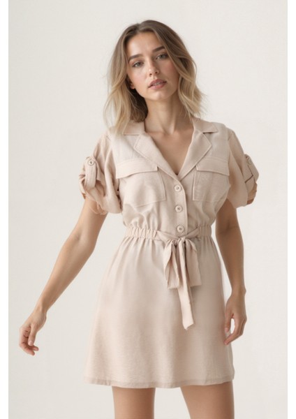 Beli Bağlamalı Kapak Cepli Kısa Kol Krinkıl Kumaş Elbise modelleri