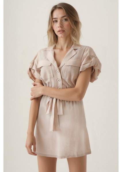 Beli Bağlamalı Kapak Cepli Kısa Kol Krinkıl Kumaş Elbise fırsatları
