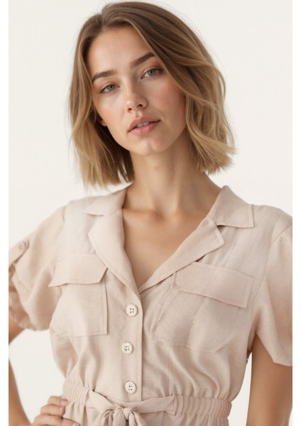 Beli Bağlamalı Kapak Cepli Kısa Kol Krinkıl Kumaş Elbise indirimleri