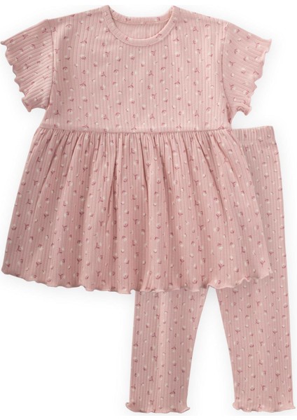 Desenli Fitilli Tunik Takım 1-8 Yaş Pudra Pembe