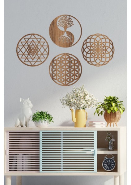 Yaşam Çiçeği, Sri Yantra, Torus ve Yin Yang 4'lü Set Duvar Tablosu