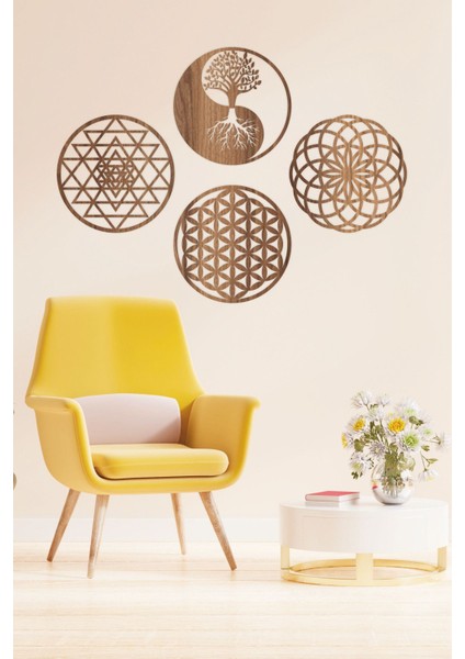 Yaşam Çiçeği, Sri Yantra, Torus ve Yin Yang 4'lü Set Duvar Tablosu modelleri