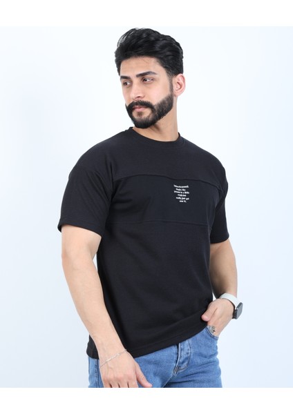 Erkek Bisiklet Yaka Baskılı Oversize Tişört