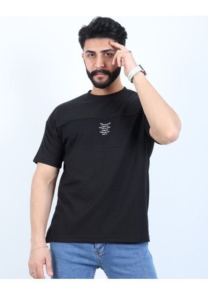 Erkek Bisiklet Yaka Baskılı Oversize Tişört