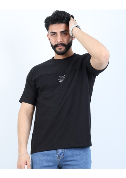 Erkek Bisiklet Yaka Baskılı Oversize Tişört