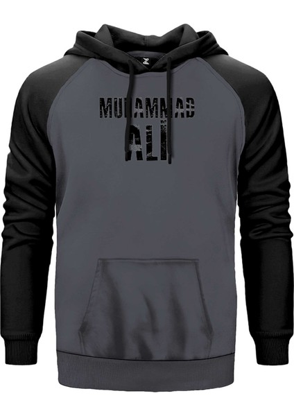 Muhammed Ali Black Text Gri Renk Reglan Kol Kapşonlu Sweatshirt