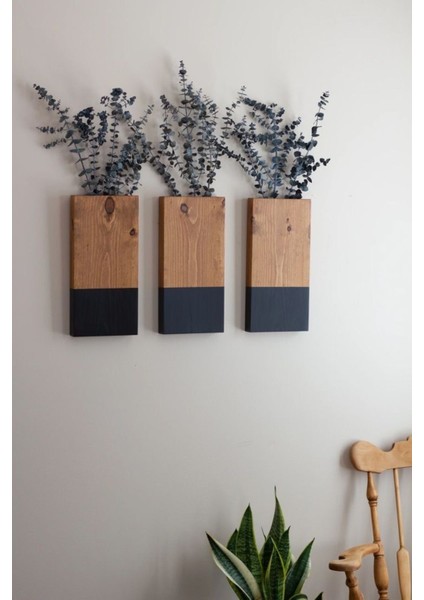 Ahşap Dekoratif 3'lü Duvar Çiçeklik El Yapımı Bohem Rustik Duvar Raf Süsü (Çiçekler Dahil Değildir)