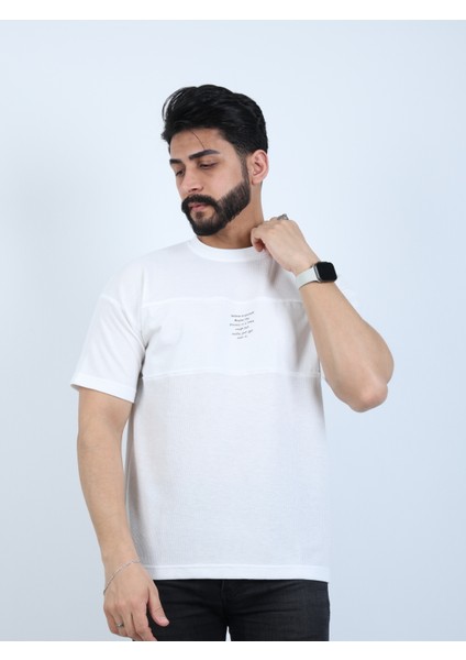 Erkek Bisiklet Yaka Baskılı Oversize Tişört
