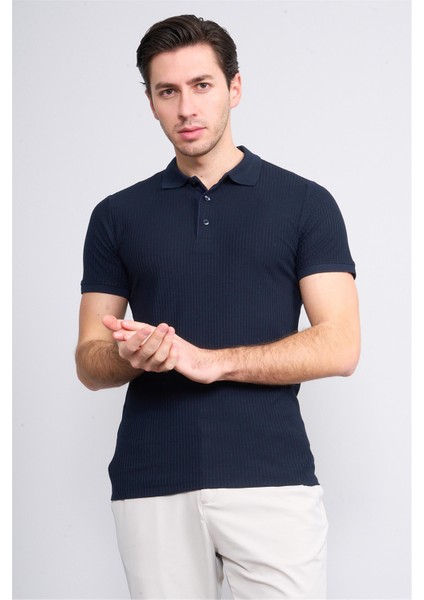 4047 Erkek Polo Yaka Penye Pike T-Shirt Lacivert