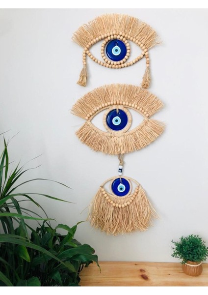 Doğal Muz Lifinden El Yapımı 3 Lü Nazar Boncuklu Duvar Ofis Balkon Aksesuar ve Dekorları