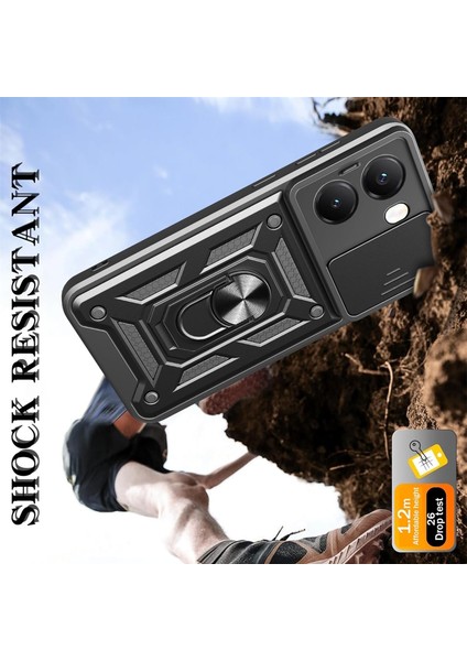 Xiaomi Poco X7 Pro Kılıf Kamera Korumalı Sürgülü Dönebilen Yüzüklü Armor Military Tank Kızaklı Kapak