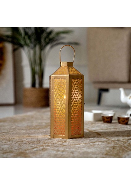 Altın Metal Kesim Desenli Fener 30 Cm, Modern Tasarım