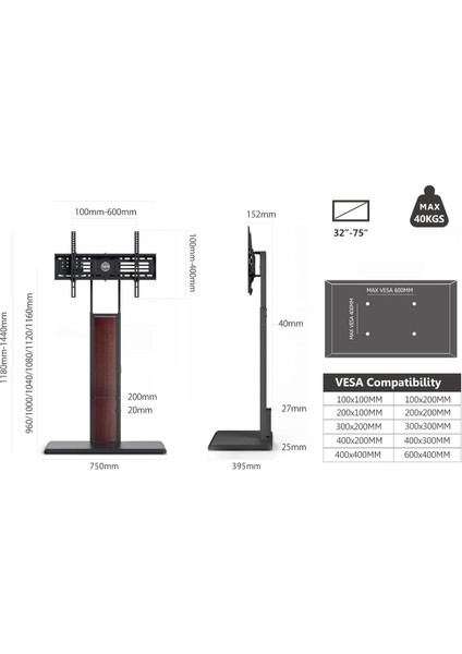 Tv Sehpası, 32-75 Inç Tv Için Masif Ahşap Tabanlı, Döndürülebilir Montaj modelleri