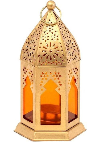 Altın Metal Kesim Desenli Fener 16 Cm, Modern Tasarım