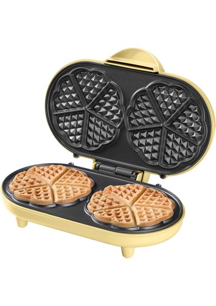 Çift Kalp Waffle Makinesi, 700W, Yapışmaz Kaplama, Sarı Renk, Mükemmel Waffle Keyfi
