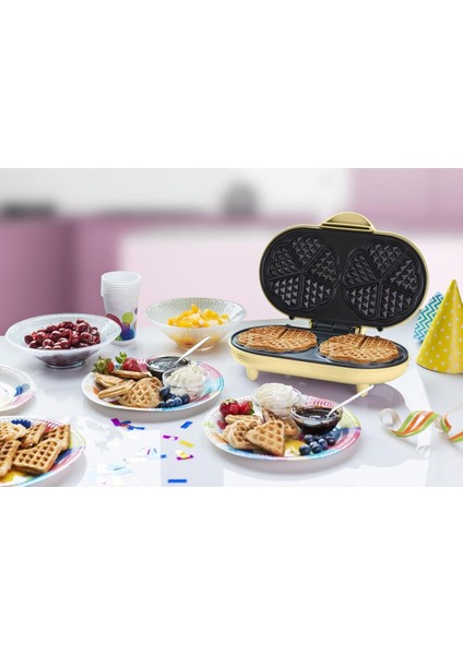 Çift Kalp Waffle Makinesi, 700W, Yapışmaz Kaplama, Sarı Renk, Mükemmel Waffle Keyfi