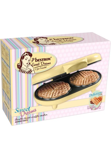 Çift Kalp Waffle Makinesi, 700W, Yapışmaz Kaplama, Sarı Renk, Mükemmel Waffle Keyfi