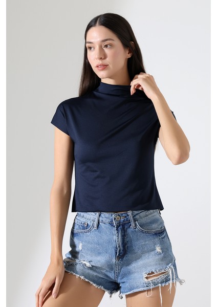 Yumuşak Dokulu Kendiliğinden Kollu Dik Yaka Basic Crop Kadın T-Shirt 22002 Lacivert