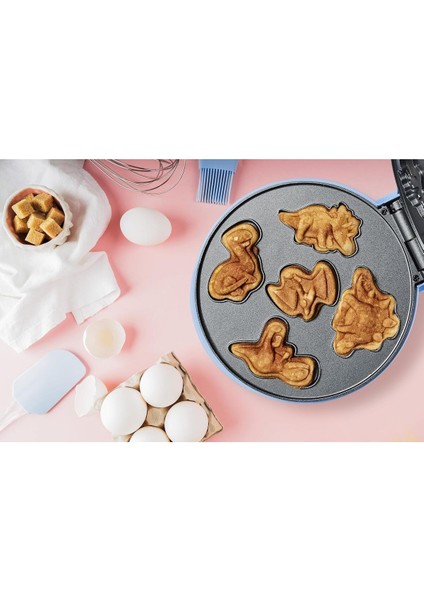 Kurabiye ve Waffle Makinesi,yapışmaz Kaplama, 700W, Eğlenceli Dinozor Deseni