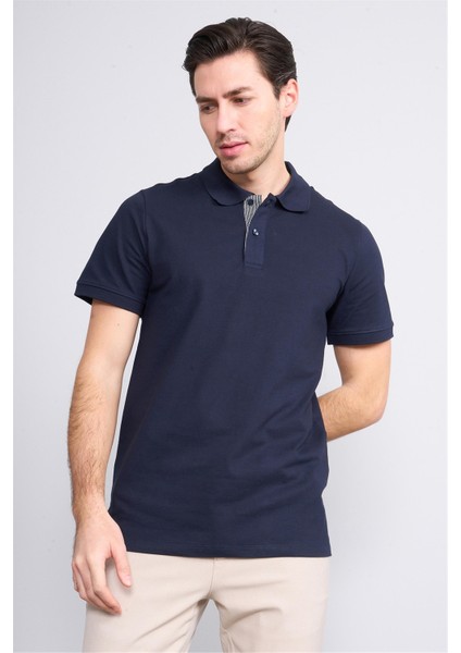 4054 Erkek Polo Yaka Penye Pike T-Shirt Lacivert