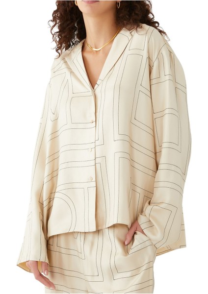 Saten Monogram Pijama Üstü - Beyaz