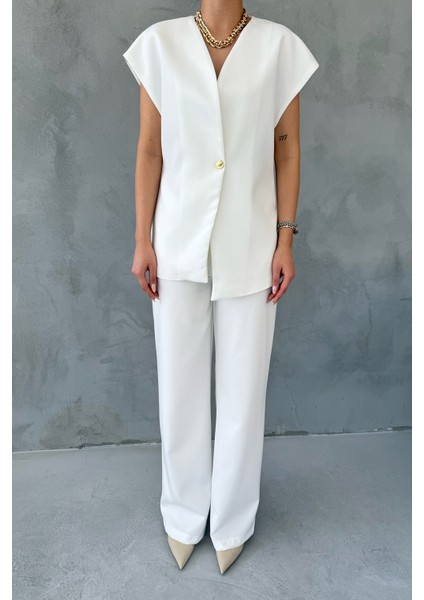 Ekru Gold Düğme Detaylı Asimetrik Kesim Yelek Pantolon Takım fırsatları