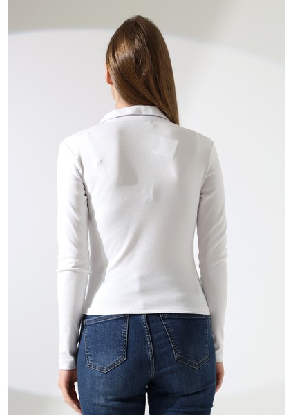 Düğmesiz Gömlek Yaka Uzun Kol Basic Kadın T-Shirt 21938 Beyaz fırsatları