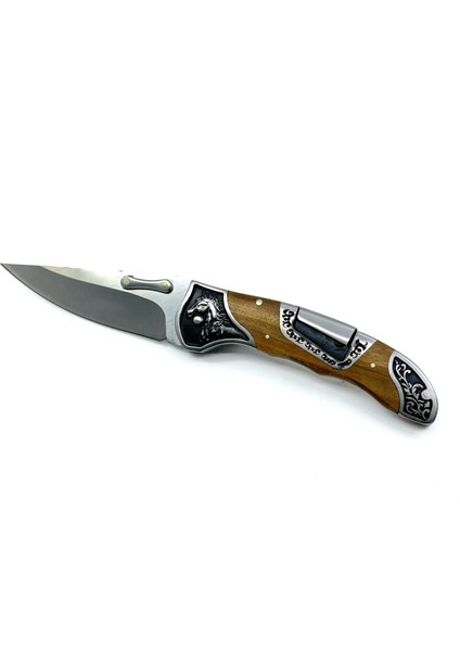 American Mustang At Figürü Işlemeli Katlanır Çakı - Zeytin Ağacı Kabze 20 Cm