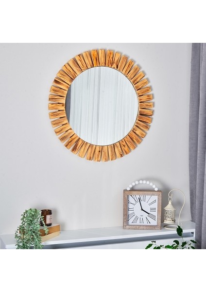 Naturel Ahşap Yuvarlak Dekoratif Duvar Salon Banyo Aynası