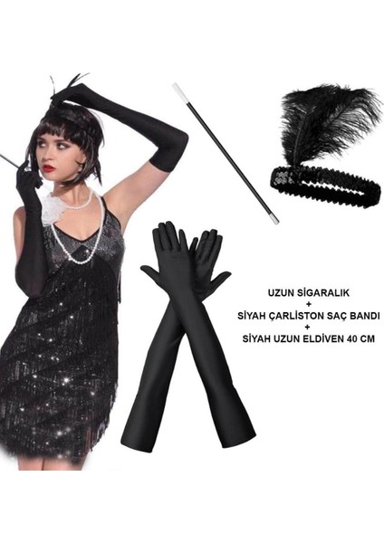 Nessiworld 1920&#39;LER Gatsby Aksesuar Seti – Siyah Charleston Saç Bandı, Uzun Eldiven & Sigaralık