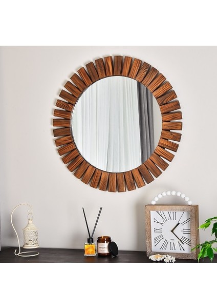 Flower Ahşap Ceviz Rengi Yuvarlak Dekoratif Duvar Salon Banyo Aynası 50 x 50 cm