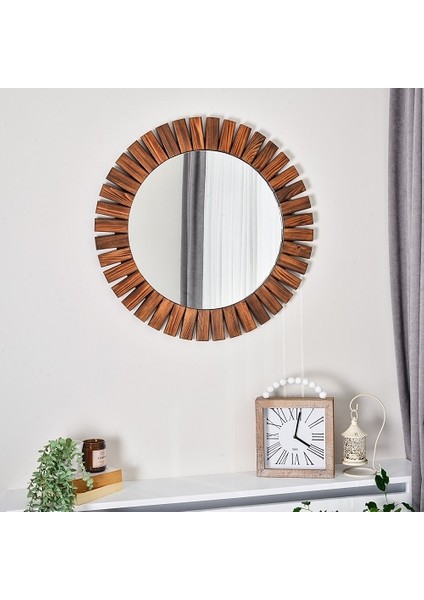 Flower Ahşap Ceviz Rengi Yuvarlak Dekoratif Duvar Salon Banyo Aynası 50 x 50 cm modelleri