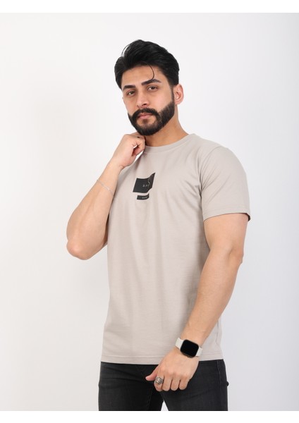 Erkek Bisiklet Yaka Baskı Detaylı Relaxed Fit Tişört