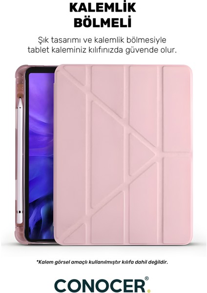 Apple iPad 11 A16 2025 10. Nesil 10.9 Tablet Kılıfı Kalem Bölmeli, Uyku Modlu, Katlanır, Tri Folding Stand