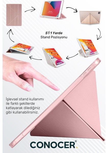 Apple iPad 11 A16 2025 10. Nesil 10.9 Tablet Kılıfı Kalem Bölmeli, Uyku Modlu, Katlanır, Tri Folding Stand