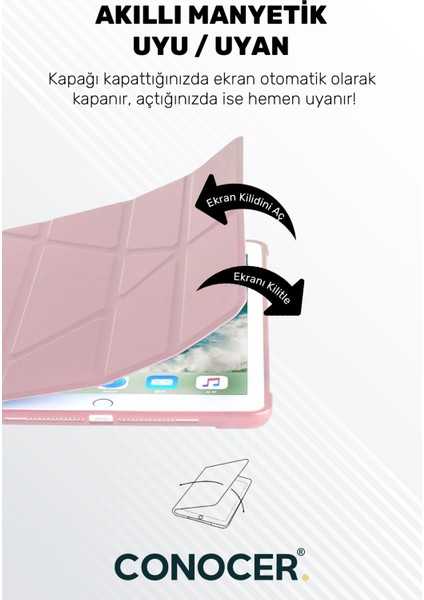 Apple iPad 11 A16 2025 10. Nesil 10.9 Tablet Kılıfı Kalem Bölmeli, Uyku Modlu, Katlanır, Tri Folding Stand