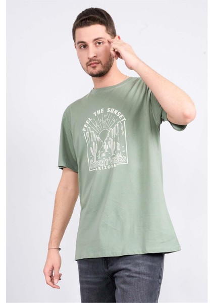 Çetinkaya Mentality 3697 Bisiklet Yaka Penye Regular Baskılı T-Shirt Haki
