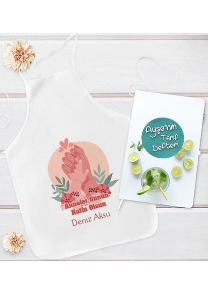 Kişiye Özel Anneler Günü Tasarımlı Mutfak Önlüğü ve Yemek Tarif Defteri Hediye Seti-3, Anney