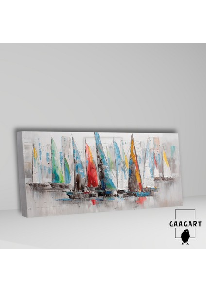 Panoramik Kanvas Duvar Tablosu Soyut Yağlı Boya Görünümlü Renkli Yelkenliler