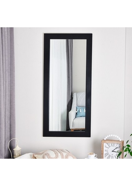 Masif Ahşap Dikdörtgen Siyah Dekoratif Duvar Salon Ofis Aynası 100X40 cm