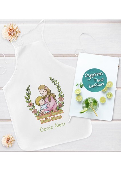 Kişiye Özel Anneler Günü Tasarımlı Mutfak Önlüğü ve Yemek Tarif Defteri Hediye Seti-5, Anney
