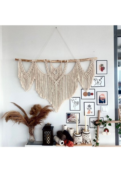 Makrome Macrame Duvar Süsü Süs Ekru Ip Dekoratif Tasarım