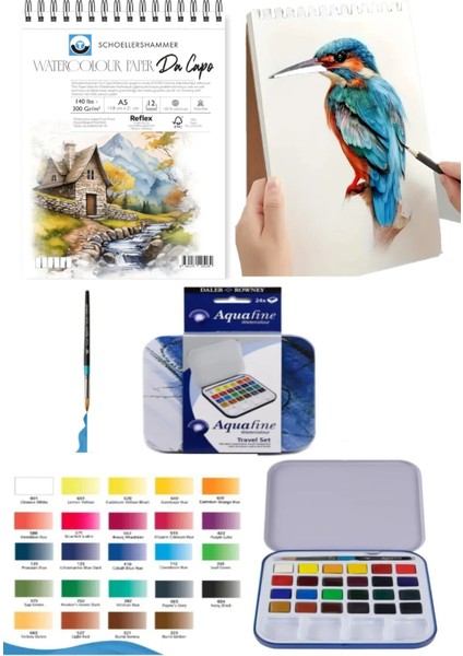 Da Capo Cold Press Suluboya Defteri 300 Gr. A5 12 Yaprak Aquafine Tablet 1/2 Suluboya Travel Set 24