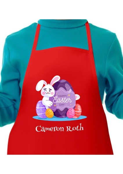 Kişiye Özel Paskalya Bayramı Kırmızı Çocuk Mutfak Önlüğü, Renkli ve Sevimli Tasarım